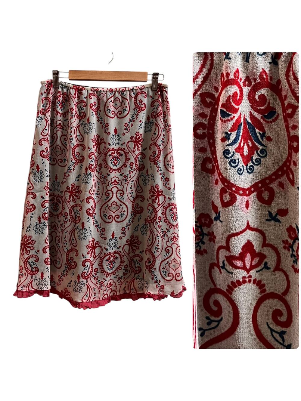 Y2K Boho Paisley Print Ruffle Trim Elastic Waistband Lined Skirt Large Peasant
